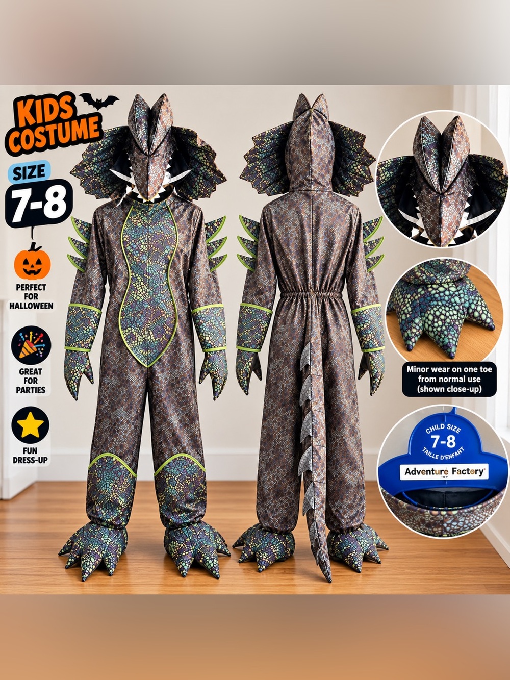 Kids Dinosaur Dragon Halloween Costume Size 7-8 with Hood & tail